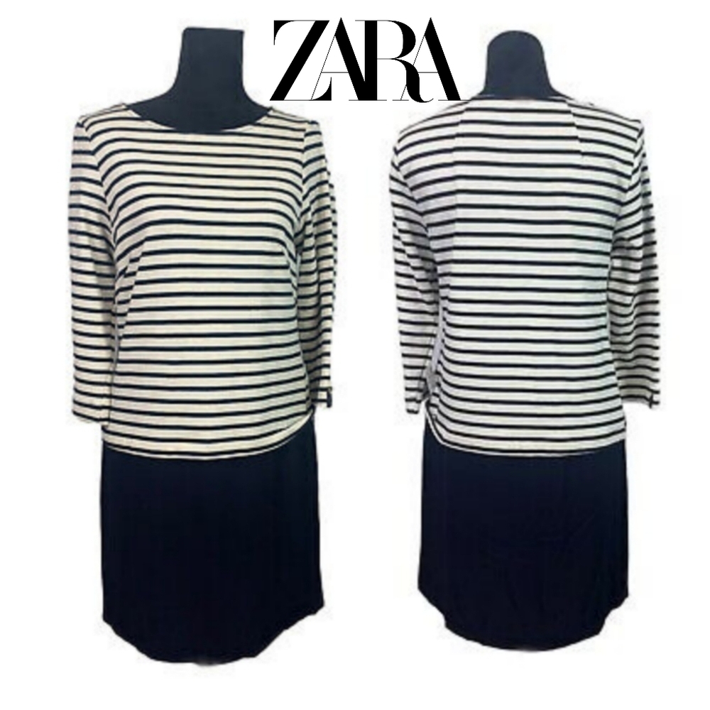 ZARA BASIC COLLECTION NAVY AND IVORY STRIPED SHIFT DRESS